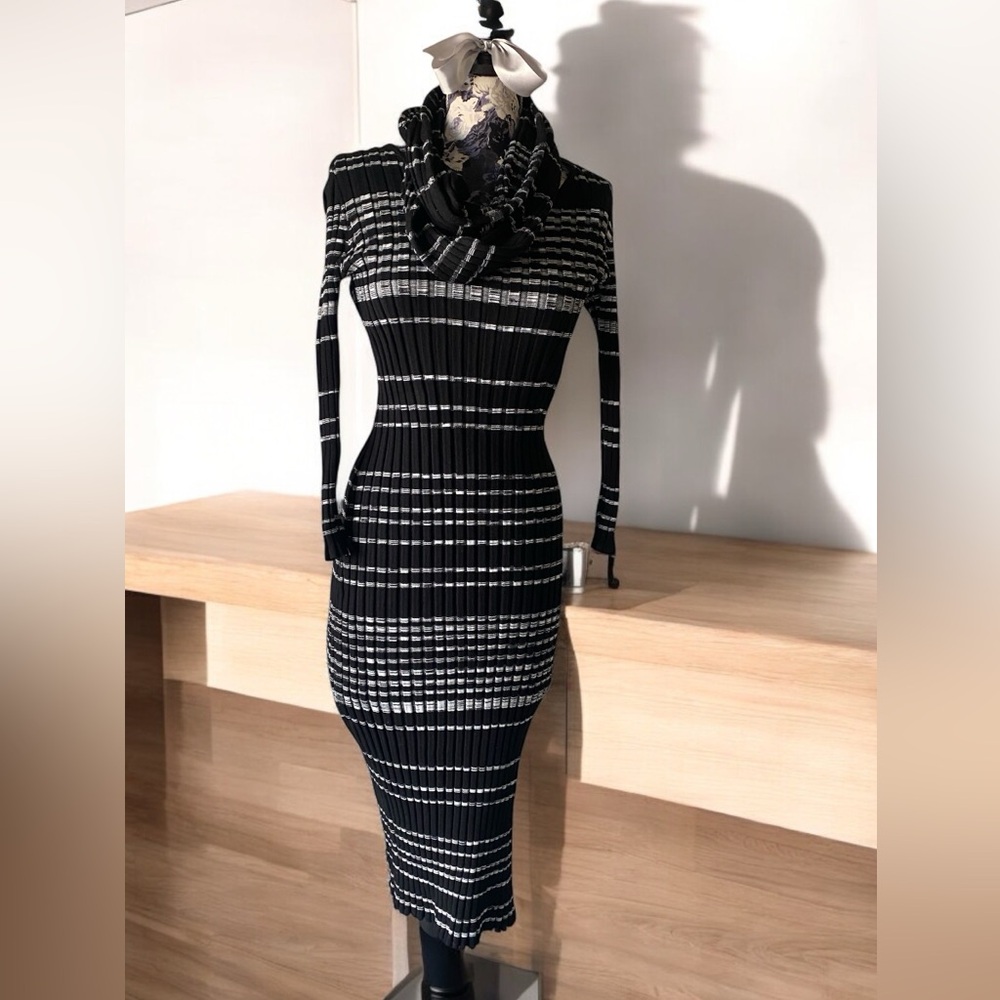 Sweater Dress black with white stripes with matching scarf